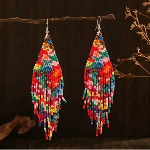 Handmade Flower Pattern Beads Tassel Drop Earring